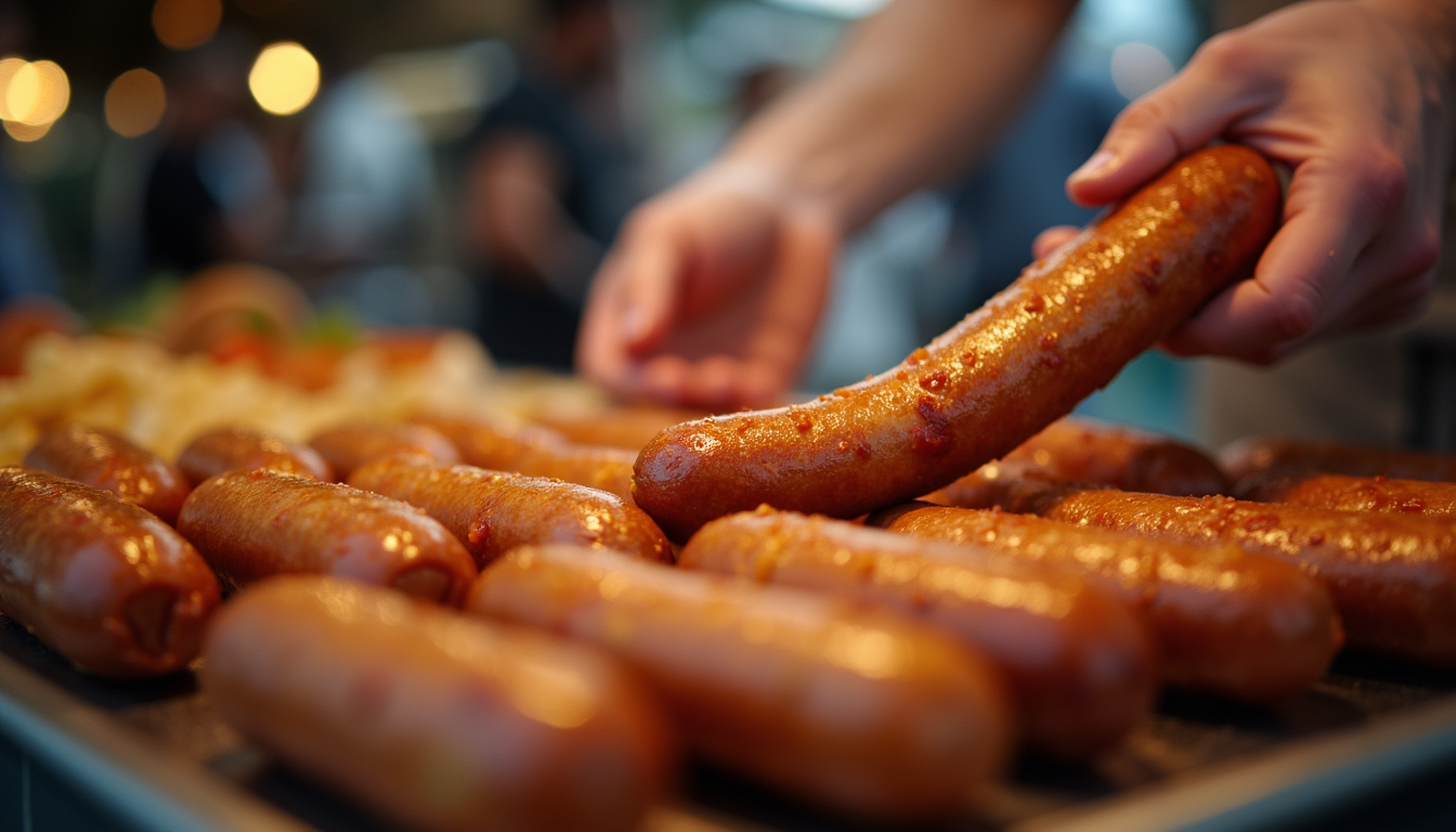 Eye-level view of a food stall serving traditional German bratwurst