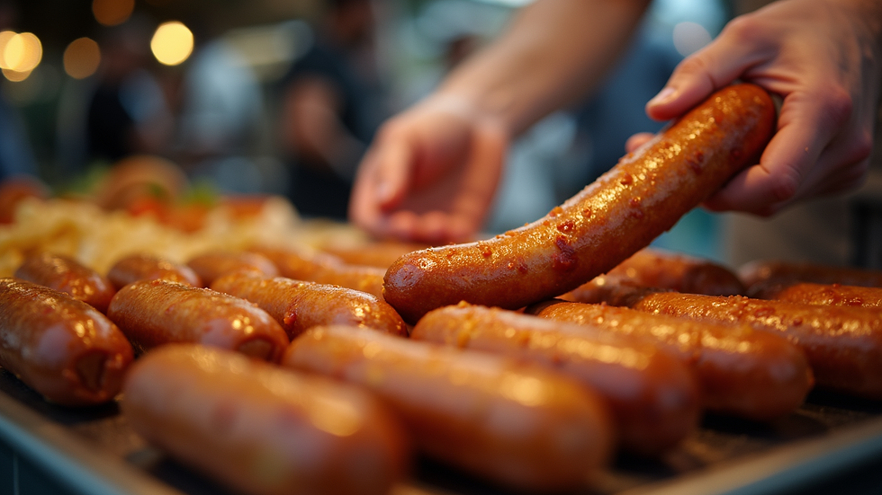 Eye-level view of a food stall serving traditional German bratwurst