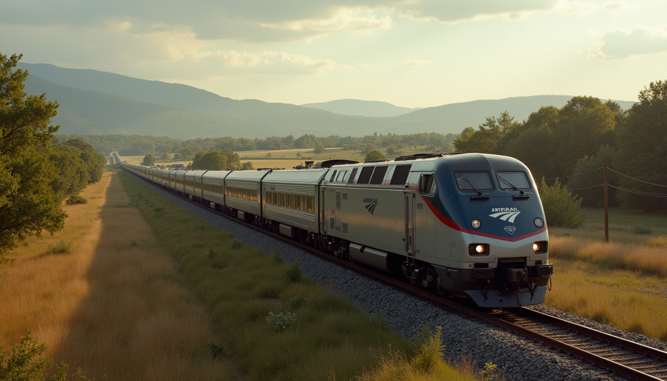 High angle view of an Amtrak train moving through picturesque countryside