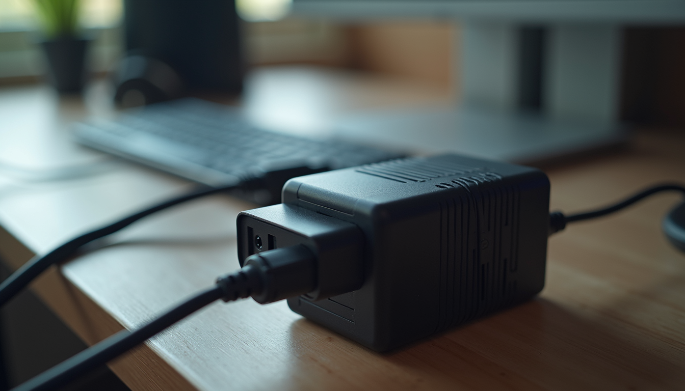 Eye-level view of a versatile power adapter with multiple plug types