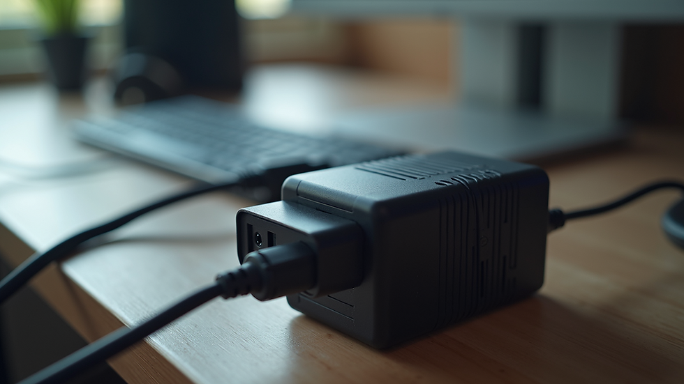 Eye-level view of a versatile power adapter with multiple plug types