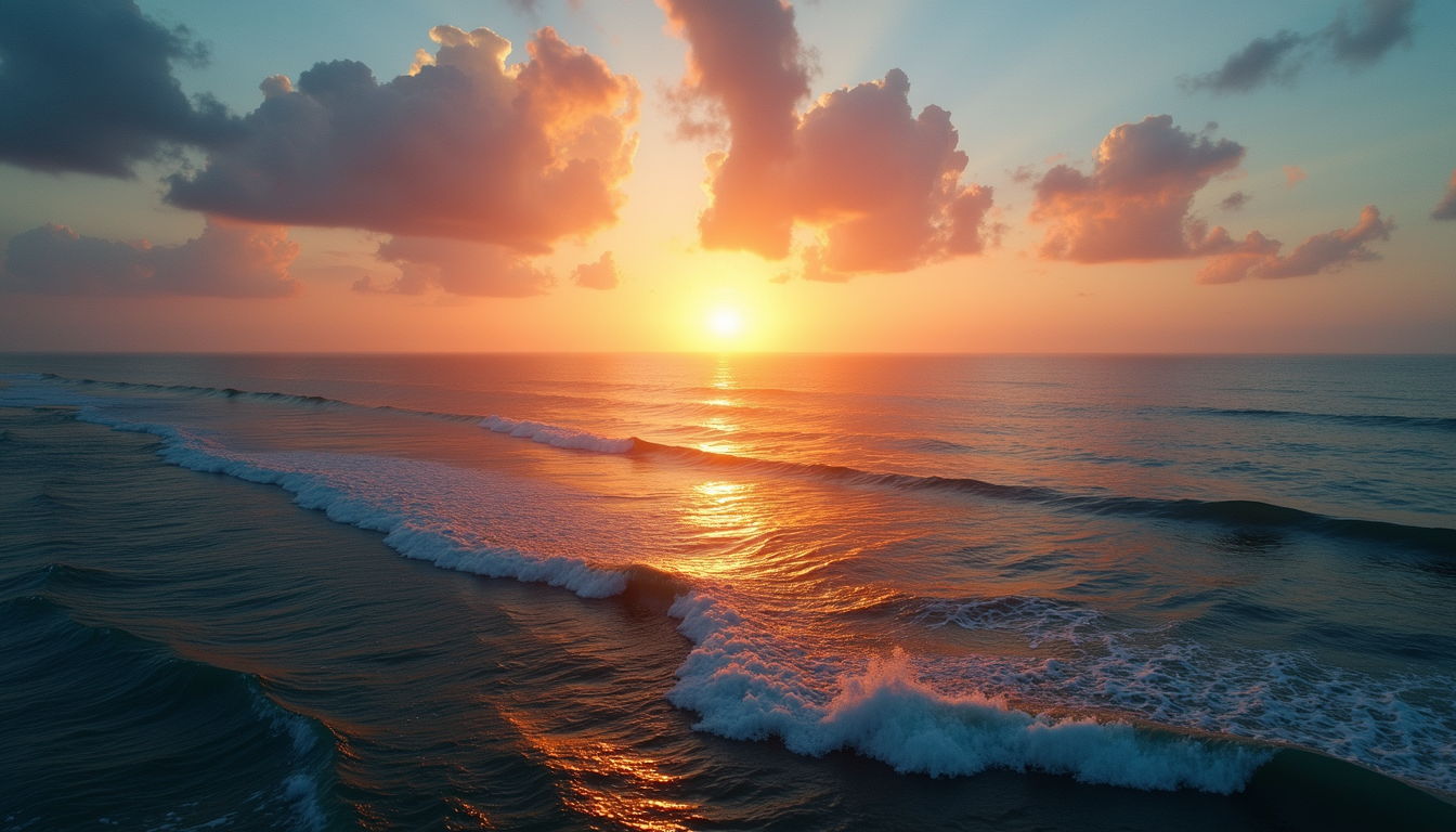 High angle view of an ocean horizon with a setting sun