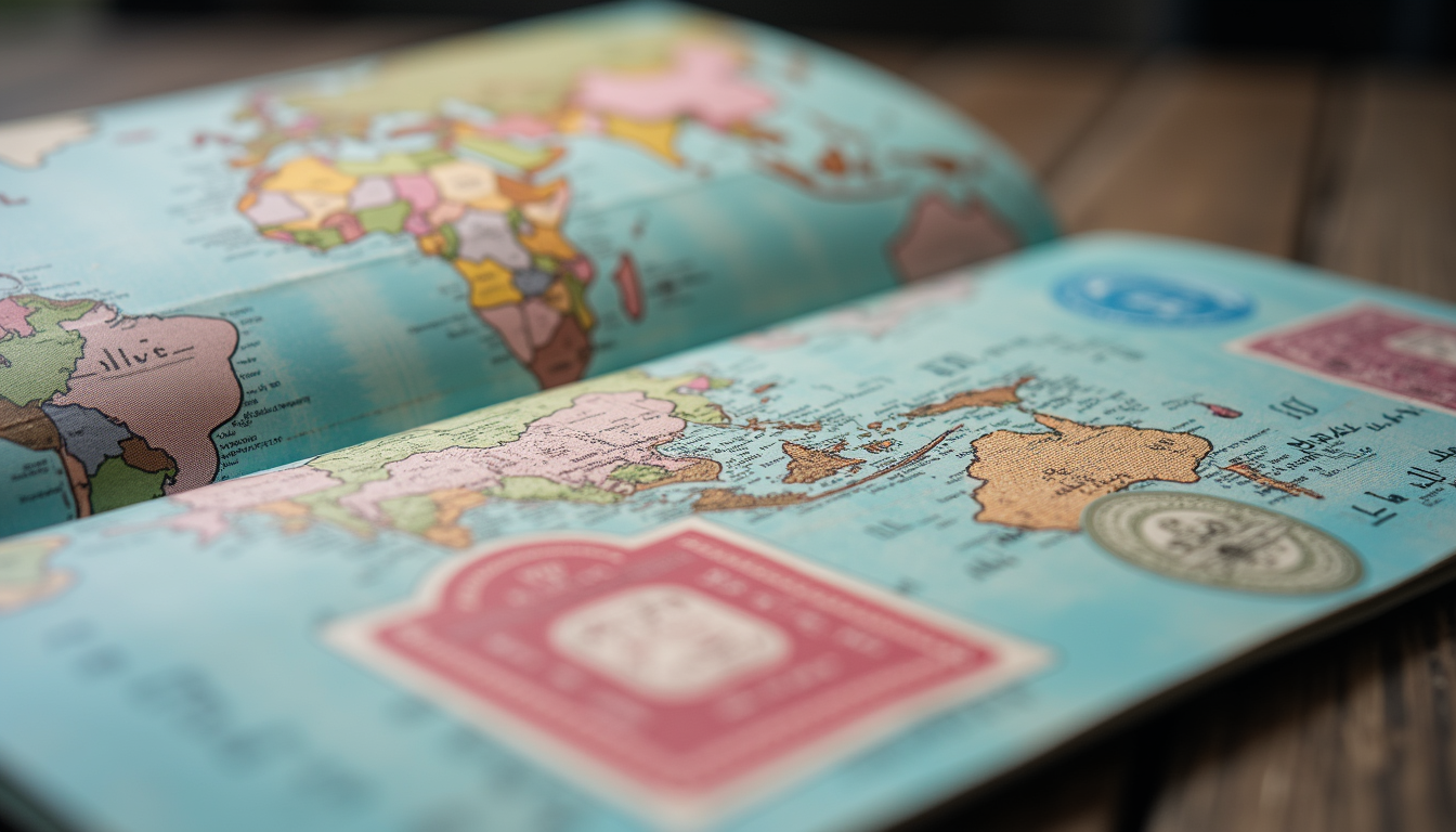 Close-up view of a passport with visa stamps on an open page