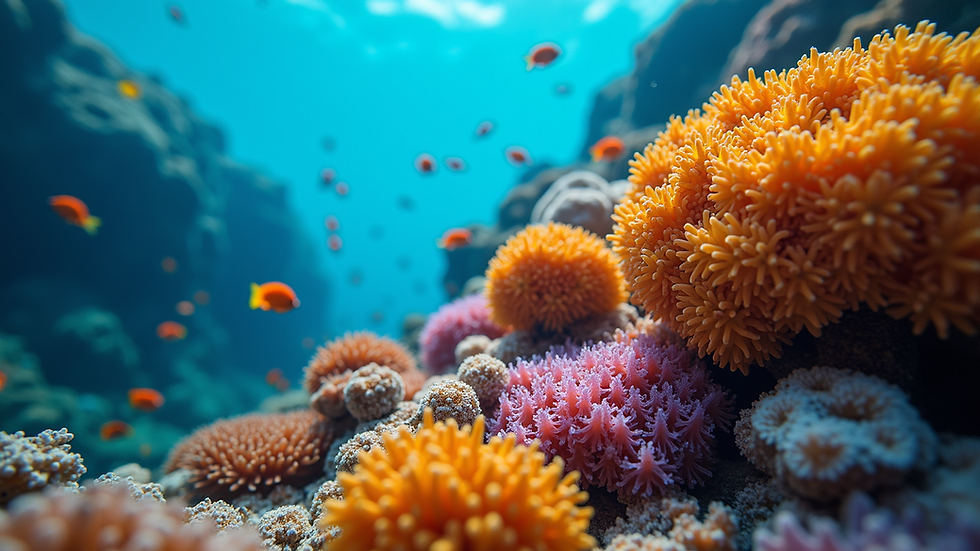 Close-up view of a colorful coral reef teeming with diverse marine life