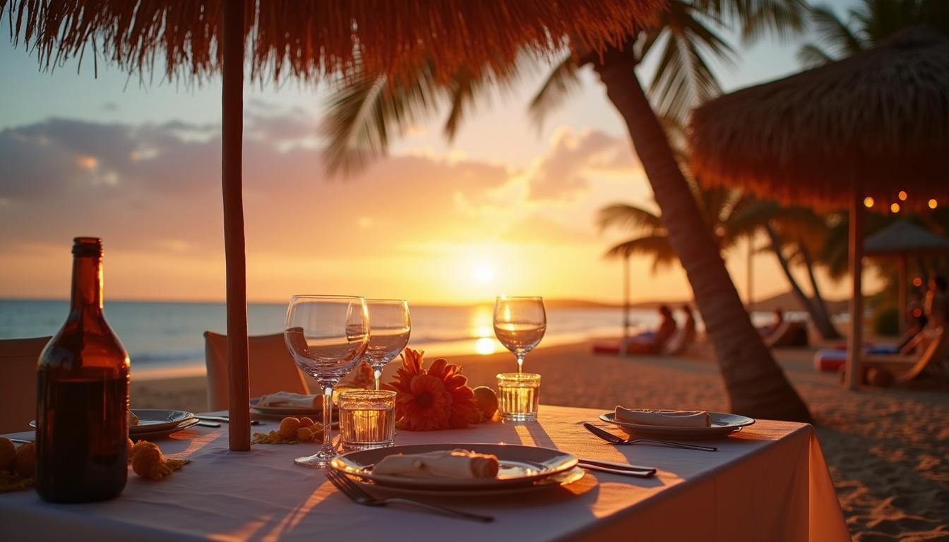 Eye-level view of a romantic sunset dinner setup on a tropical beach