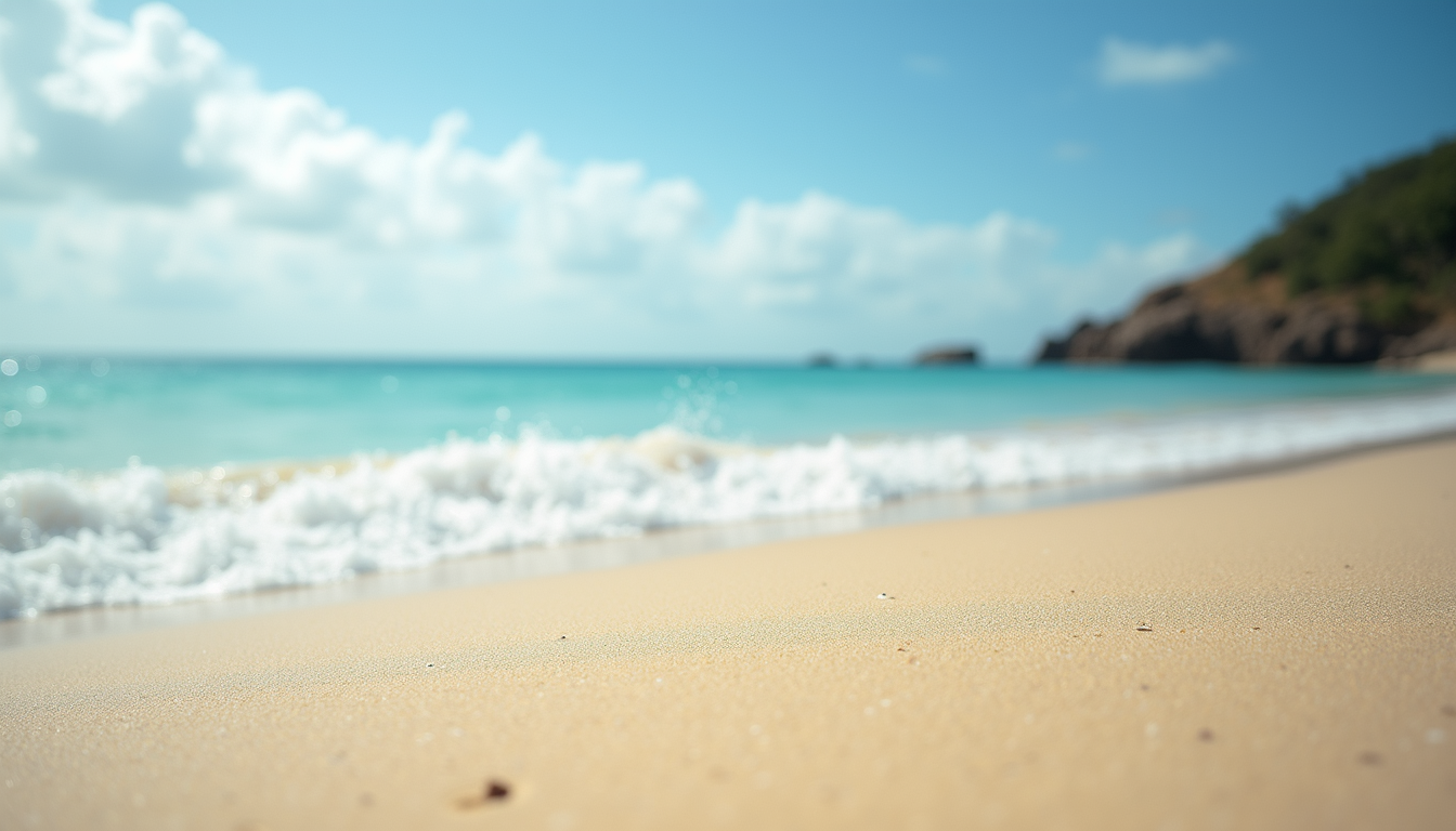 Eye-level view of a serene Queensland beach with soft sands and gentle waves