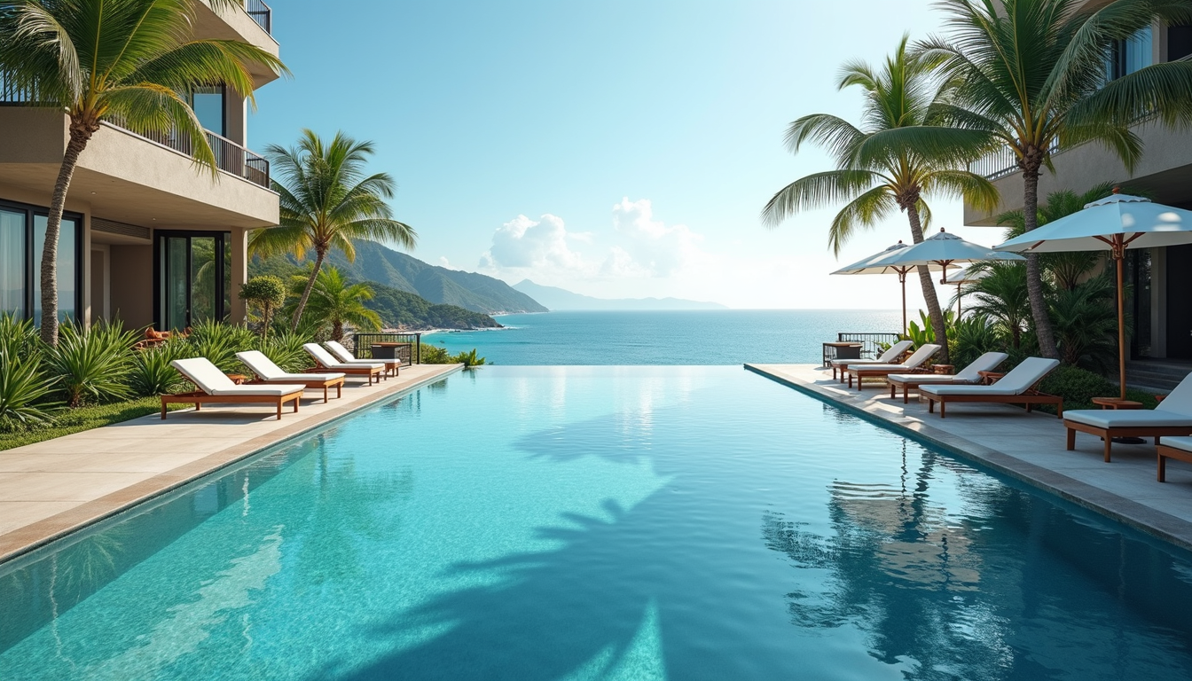 High angle view of a luxurious resort pool overlooking the ocean