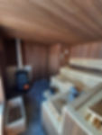 Panorama sauna in Thermo Ayous en Houtgestookte Harvia kachel "Legend 300" 300 kg stenen.