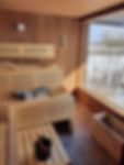 Panorama sauna in Thermo Ayous en Houtgestookte Harvia kachel "Legend 300" 300 kg stenen.