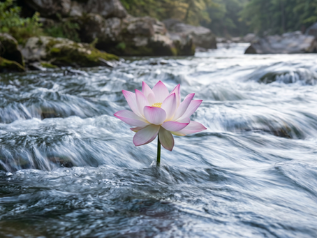 A striking close-up photograph of a single, vibrant pink and white lotus flower blooming directly from the middle of a fast-flowing, rocky mountain river. The lotus stem appears rooted firmly amidst the rushing, turbulent water, which shows motion blur. The background features moss-covered rocks and a densely wooded bank, creating a natural and grounded setting.