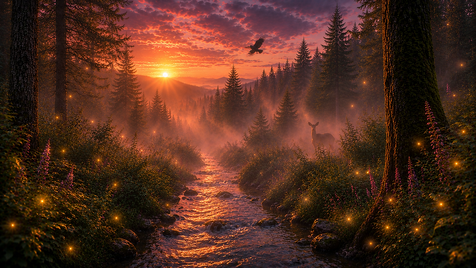 Closing banner of Blackwing Mountain at night with fireflies.