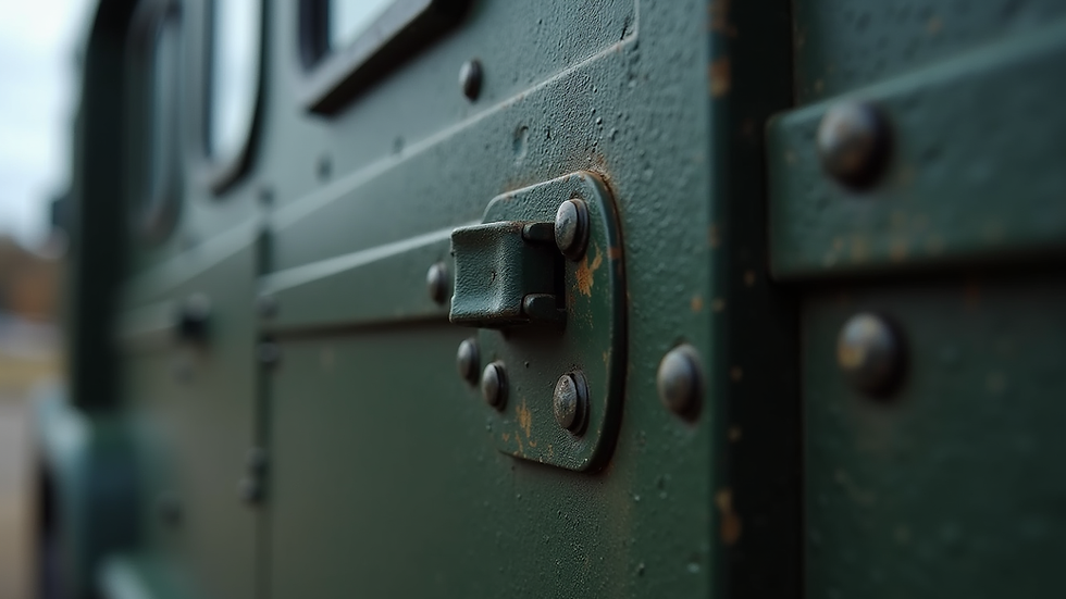 Close-up view of armored vehicle door with reinforced materials