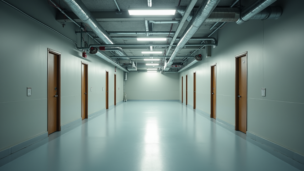 Vista interior de un cuarto de pánico con sistemas de comunicación y ventilación
