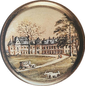 Petite peinture ronde de l'entrée du Château de Louÿe avec une voiture et un chien.