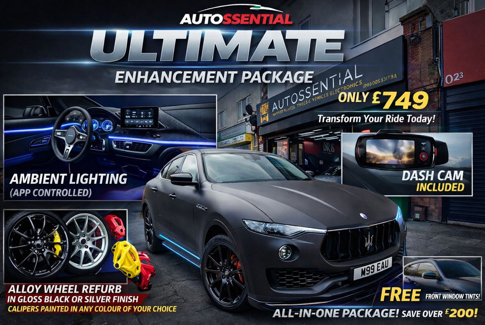Autossential Ultimate Enhancement Package £749 featuring app-controlled ambient lighting, alloy wheel refurbishment in gloss black or silver, custom caliper painting, dash cam installation and free front window tints on a matte black Maserati outside Autossential workshop in London