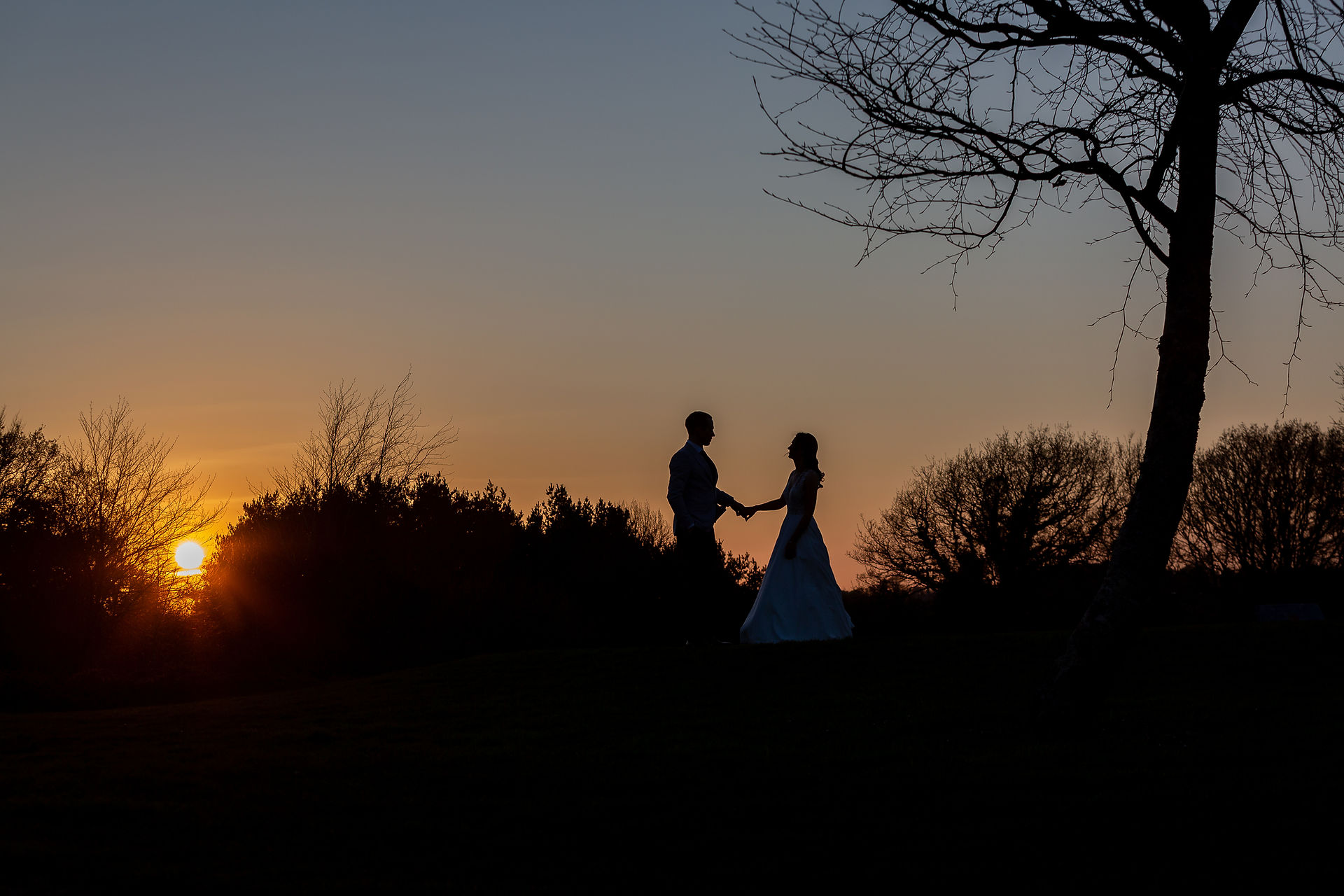 sunset photo of wedding couple at faithlegg house