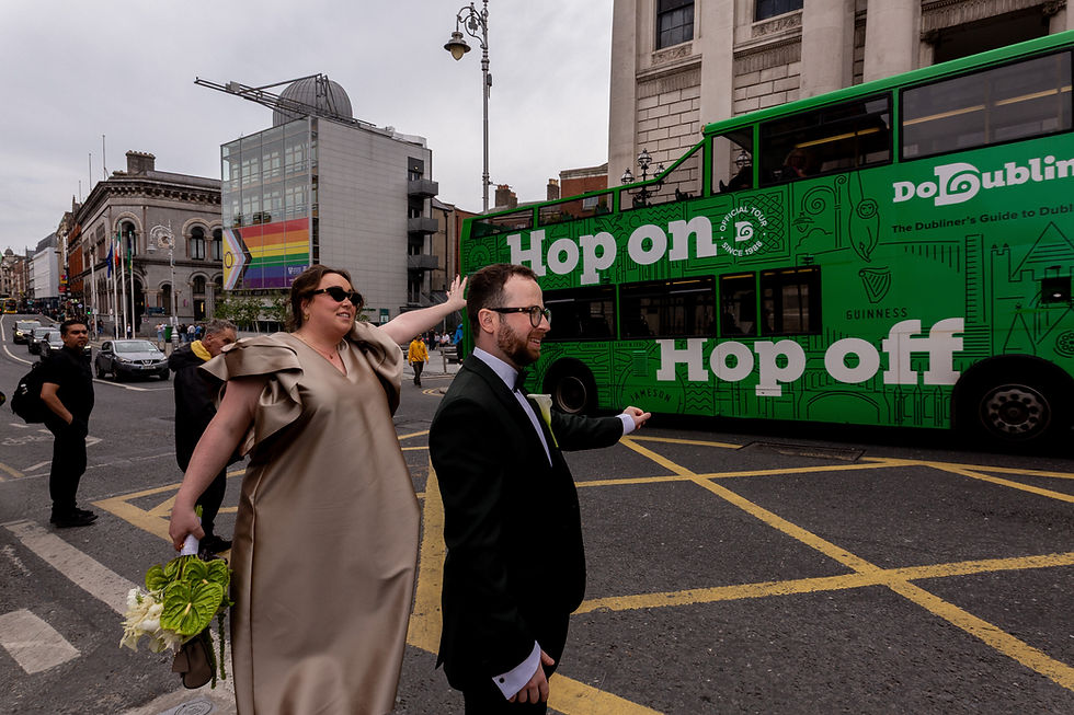 Dublin City Hall newlyweds travelling through the city by taxi