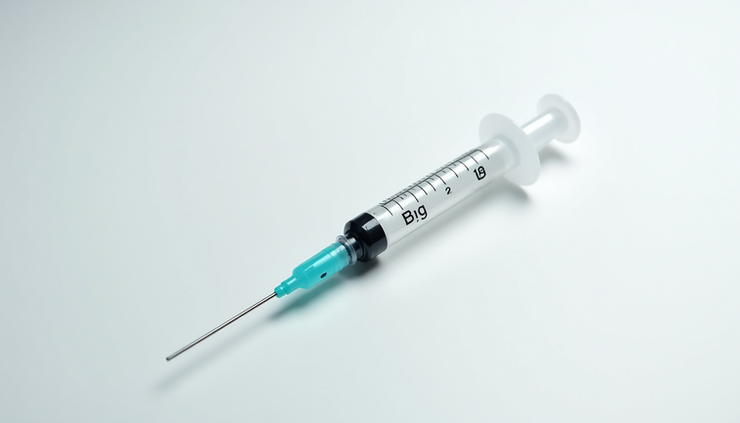 Close-up view of a syringe filled with GLP-1 medication on a white surface