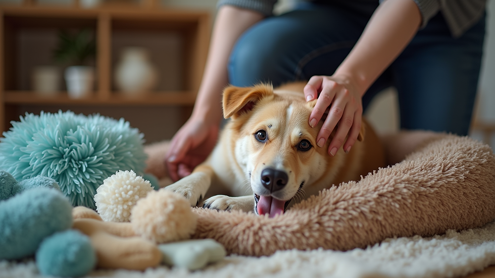 Close-up view of a pet owner packing familiar toys and bedding for their dog