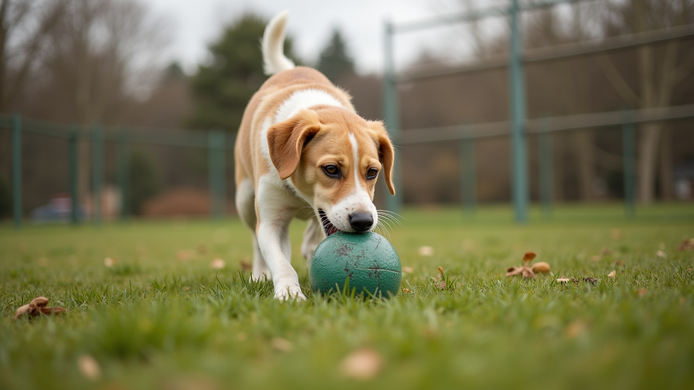 Close-up view of a dog playing with a ball in a fenced outdoor play area