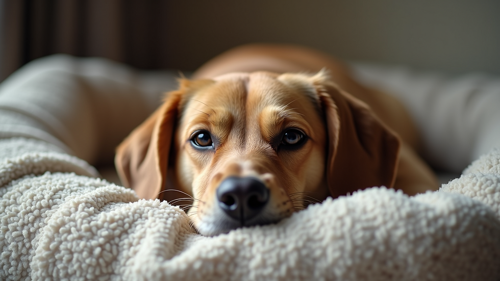 Close-up view of a dog resting comfortably on its own bed