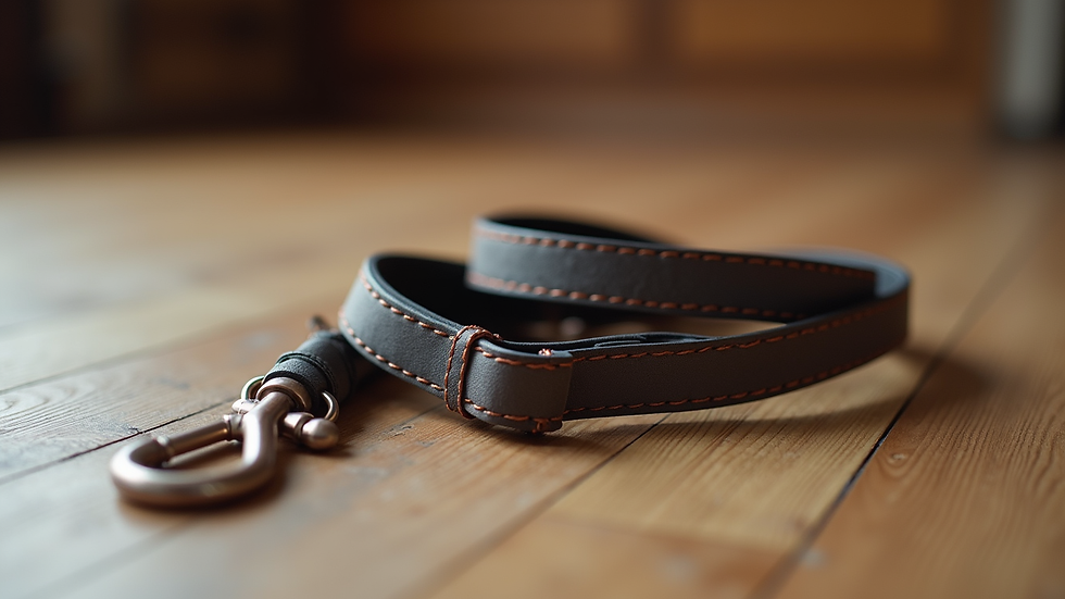 Close-up view of dog leash and collar on a wooden floor