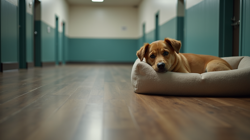 Close-up view of a cozy dog bed inside a boarding kennel
