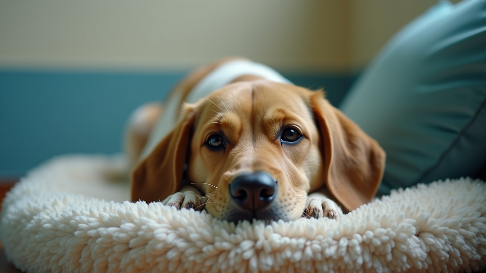 Close-up view of a dog resting comfortably on a soft bed in a pet boarding kennel