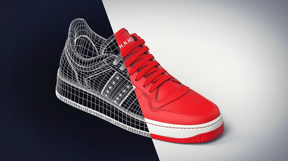 Sneaker rossa divisa tra un motivo a reticolo in bianco e nero e una tinta unita rossa su uno sfondo che sfuma dal scuro al chiaro, con la scritta H.N.MB sulla linguetta.