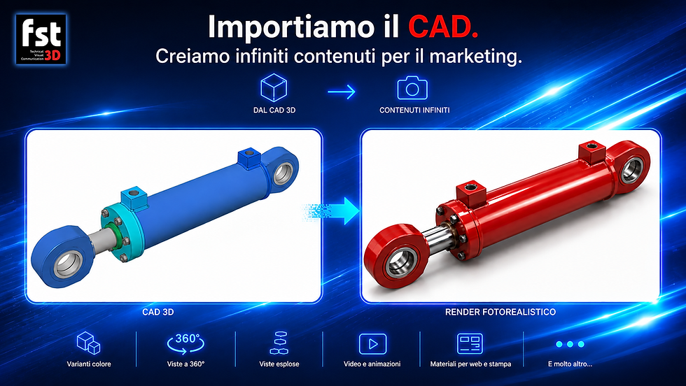From CAD model to photorealistic 3D rendering of a hydraulic cylinder for marketing, sales, and technical communications.