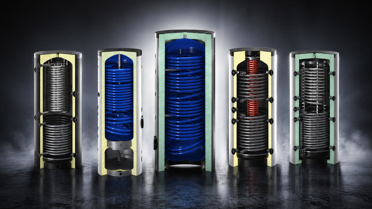 Rendering fotorealistico di filtri industriali con vista in sezione che mostra la struttura interna e gli elementi filtranti realizzati da modello CAD 3D.