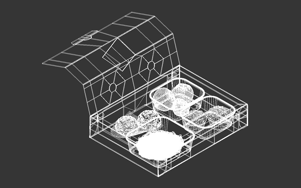 Modello CAD 3D wireframe di un packaging alimentare ricostruito da una fustella tecnica 2D per la realizzazione di rendering e video 3D.