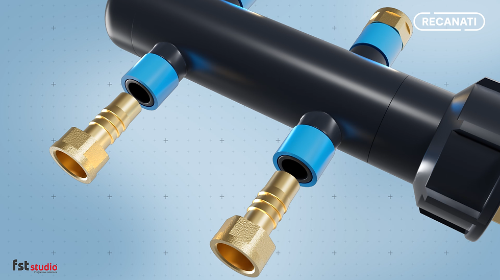 Detail of the connections on the modular PE manifold – 3D technical view