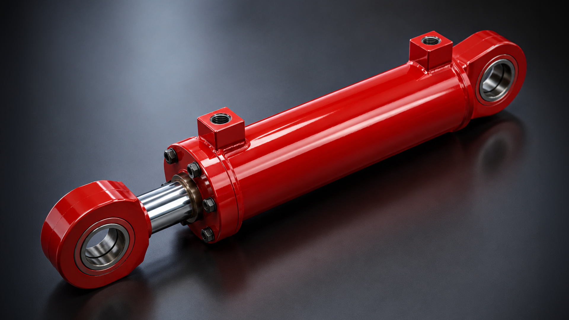 Rendering fotorealistico di un cilindro idraulico, realizzato a partire da un modello CAD, per scopi di marketing industriale e comunicazione tecnica.