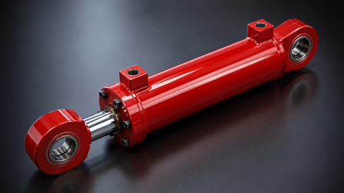 Photorealistic rendering of a hydraulic cylinder created from a CAD model for industrial marketing and technical communication.