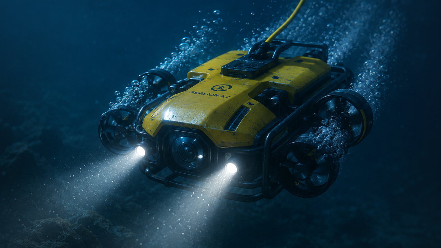 Rendering 3D fotorealistico di robot sottomarino (ROV) per marketing industriale, con illuminazione subacquea, propulsori e dettagli ad alta precisione.
