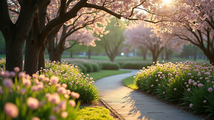High angle view of a serene park with blooming flowers and a walking path