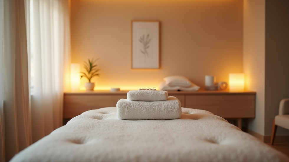 Eye-level view of a calm therapy room with massage table and soft lighting