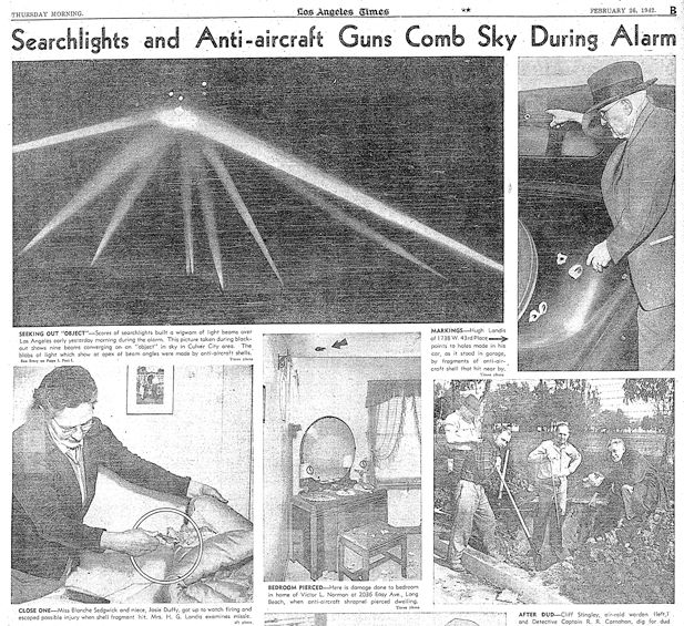 Page B of the February 26, 1942, Los Angeles Times, showing the coverage of the so-called Battle of Los Angeles and its aftermath (lots of articles on people finding dud shells, unexploded ordnance, etc.