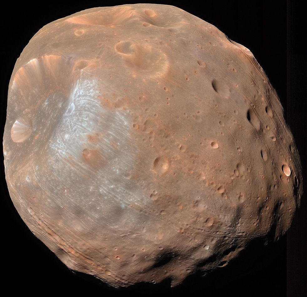 Phobos Runt Phobos is the closest moon to its planet, orbiting Mars in 7.5 hours, faster than Mars itself which spins with a 24.6 hour day. The surface of this small moon has been pounded into powder by eons of meteoroid impacts, some of which started landslides that left dark trails marking the steep slopes of giant craters. There is incredible detail when viewed at full size. So it's soft and low, in stark contrast to Hyperion. Russia has made three failed attempts to land on Phobos; I visited the most recent spacecraft — Phobos-Grunt — in Russia prior to launch (below).