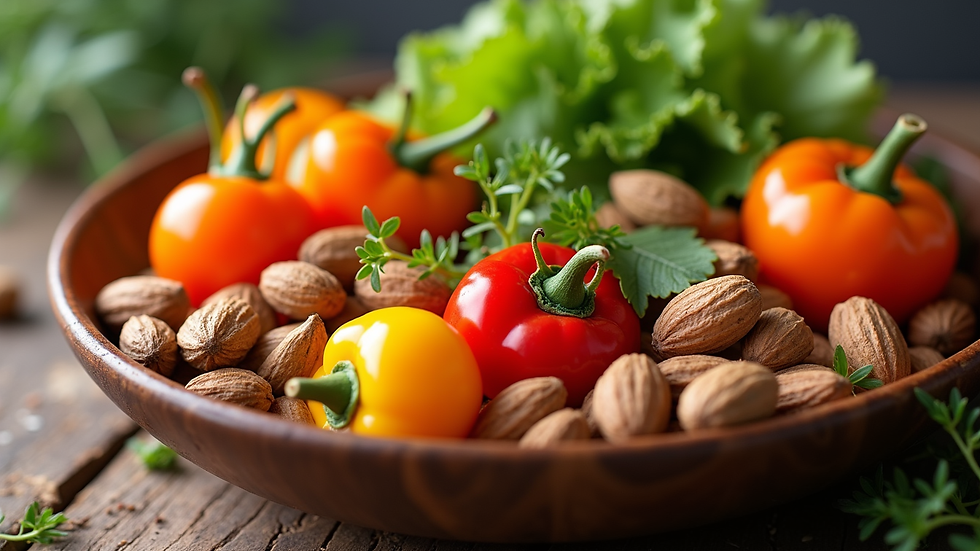 Close-up view of a bowl with colorful fresh vegetables and nuts