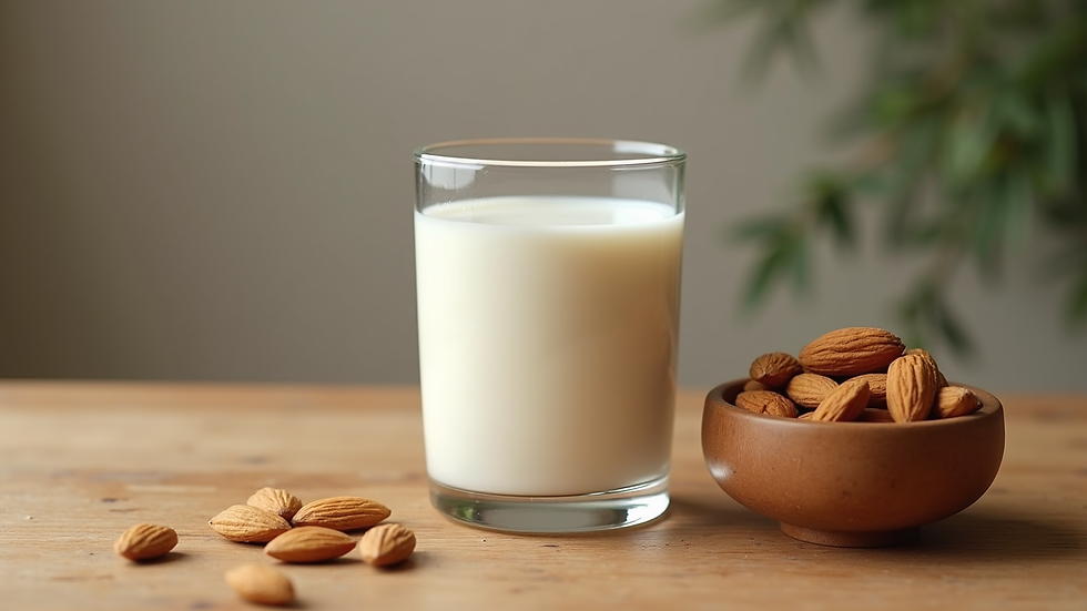 Eye-level view of a glass of fortified plant milk and a bowl of almonds on a wooden table