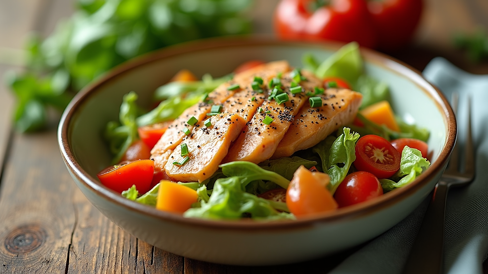Eye-level view of a colorful bowl of fresh vegetables and lean protein