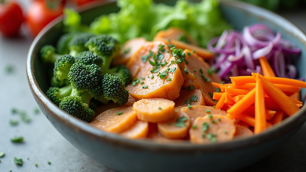 Eye-level view of a colorful bowl of fresh vegetables and lean protein
