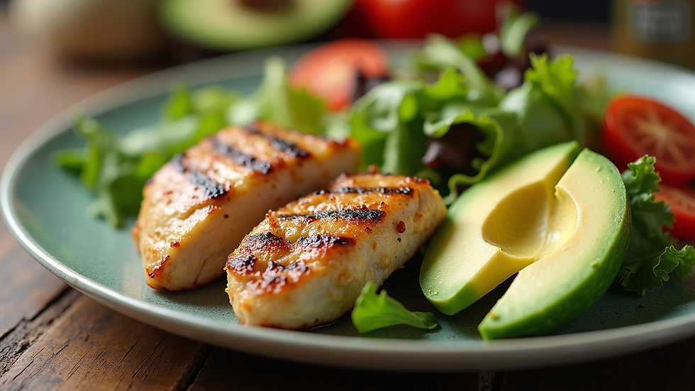 Close-up of a plate with grilled chicken, mixed greens, and avocado slices