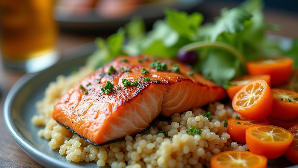 Close-up view of a colorful plate with grilled salmon, quinoa, and steamed vegetables