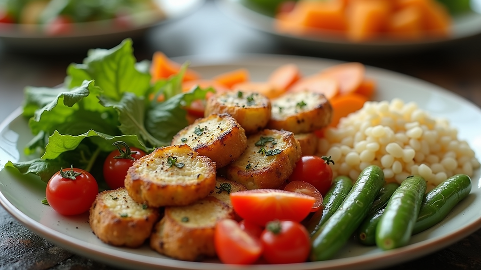 Close-up view of a colorful plate with balanced portions of vegetables, protein, and grains