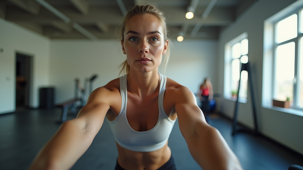 Eye-level view of a woman lifting light weights in a bright home gym