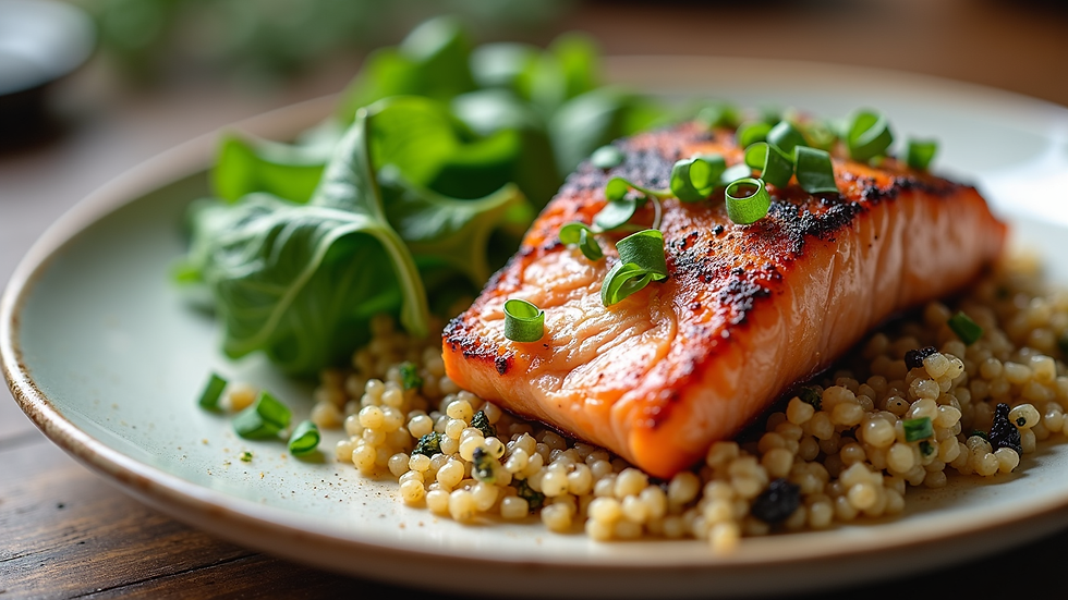 Close-up of a plate with grilled salmon, leafy greens, and quinoa