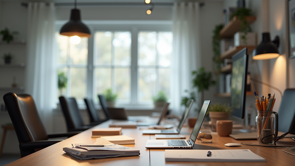Eye-level view of a modern workspace with creative design elements